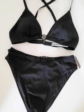 Victoria's Secret Bikini Swim Top & Bottom Black High Waist Bottom Size L NWT